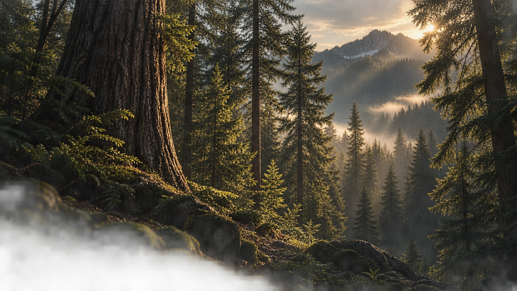 Sunlit forest with tall trees and mountains in the distance